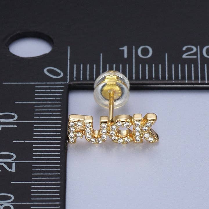 Aim Eternal - Wholesale Stud/Post Earrings - Dainty 16K Gold Filled "FUCK" Script Micro Paved CZ Stud Earrings | AD-2732