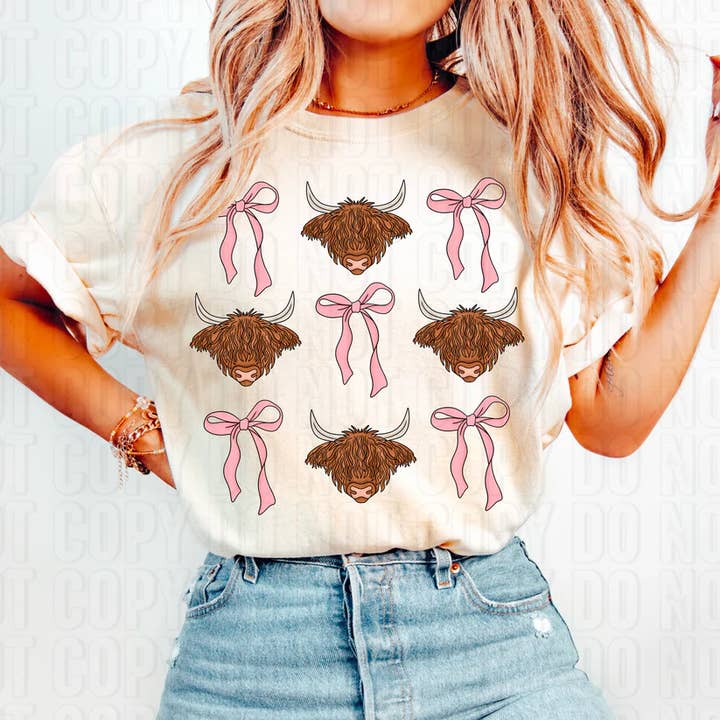 Highland-køer og sløjfer DTF-overførsel for engroshandel hos K and M Designs