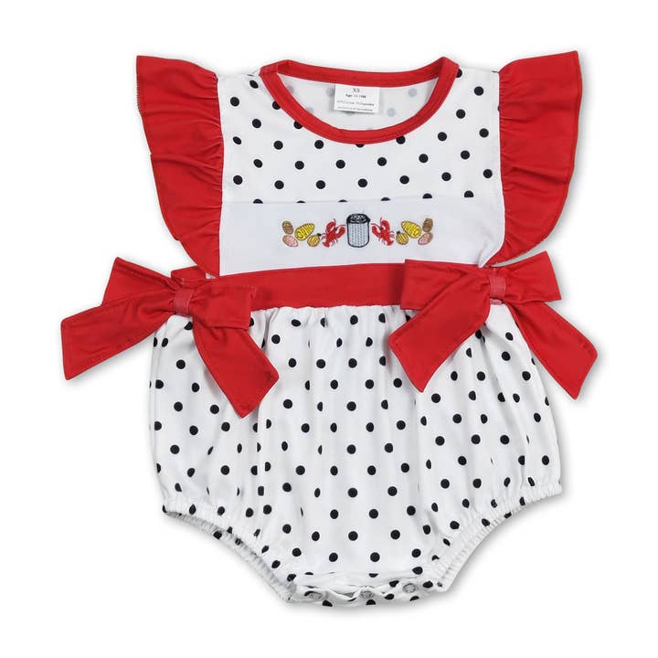 Red polka dots crawfish corn baby girls romper for wholesale by Yawoo Garments