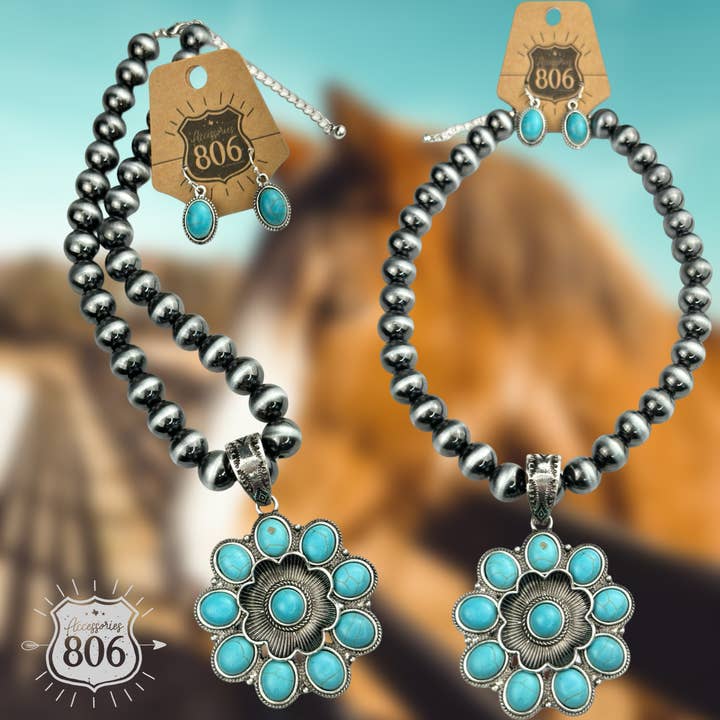 Western flower, silver bead necklace set for wholesale by Pink Panache Brands