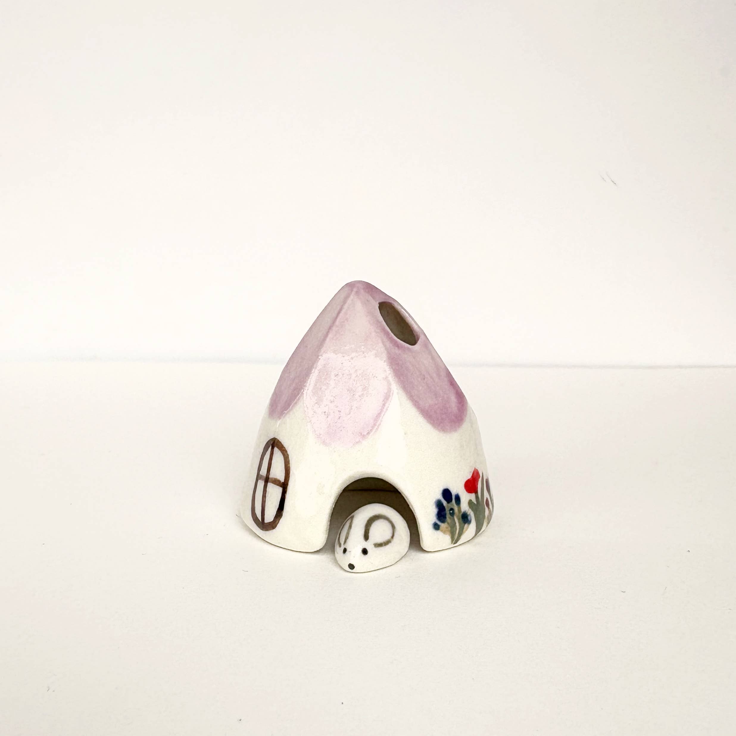 Spalted Home - Wholesale Incense Holder - Violet Ceramic Mouse House Cone Incense Burner With Flowers2