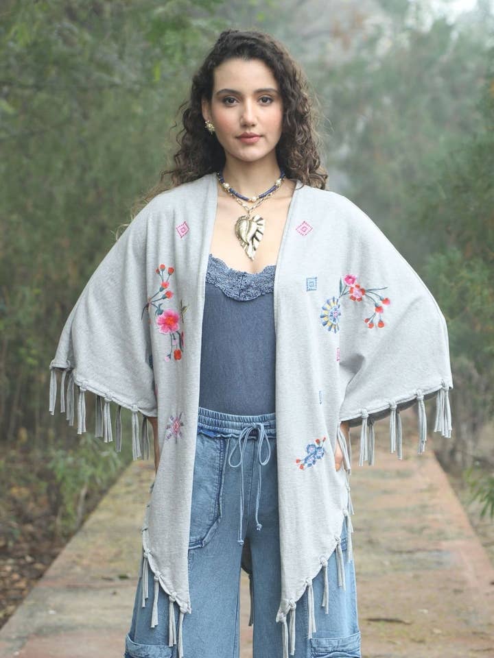 Boho Bloom Embroidered Fringe Kimono – Grey for wholesale by Avani Del Amour