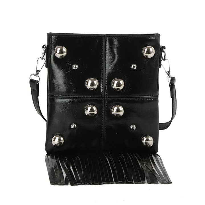 Collections by Fame Accessories - Wholesale Crossbody bag – Women's - Dome Studded Fringe Square Crossbody Bag4