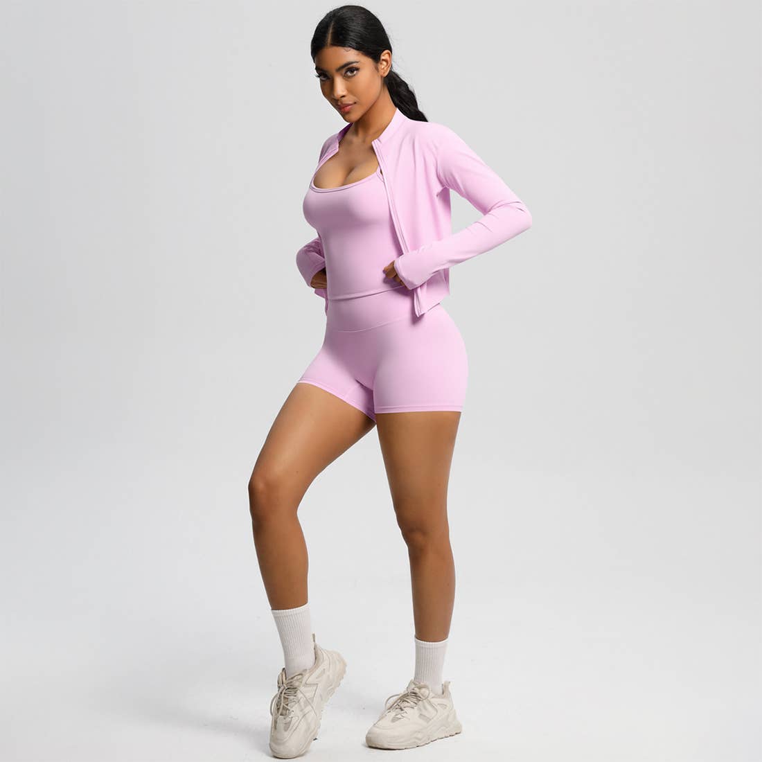 Sodalemon – Conjunto de desporto – Mulher por atacado – Conjunto feminino de yoga justo: top esportivo com interior escovado, jaqueta com zíper e shorts21