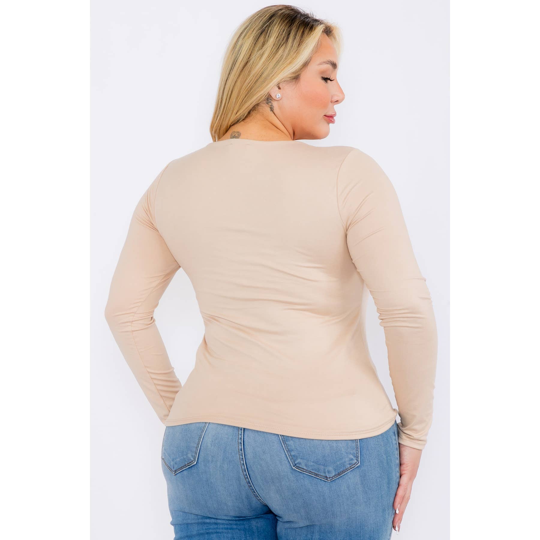 Curve Market - Vendita all'ingrosso Top in maglia - Donna - Top a maniche lunghe aderente con scollo rotondo taglia forte3