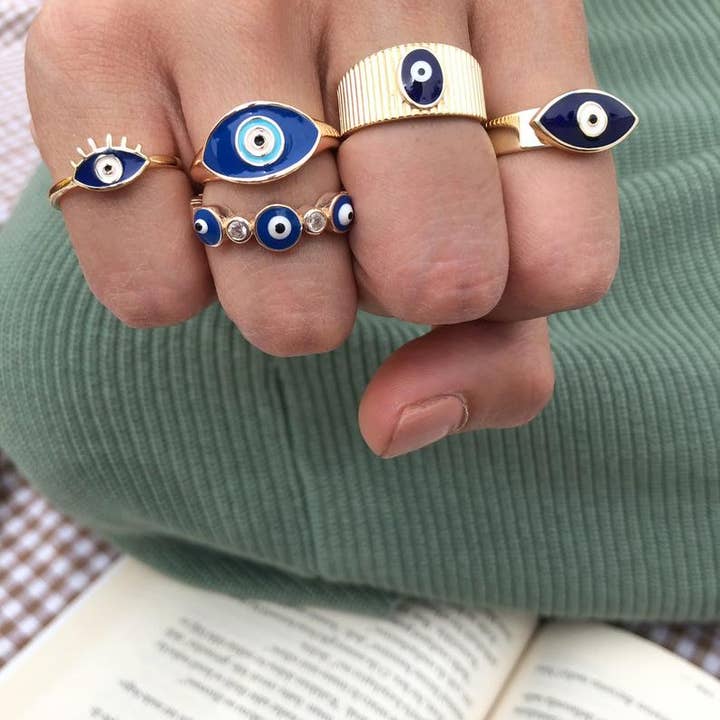 Evileyefavor – Engroshandel Smykkesæt – Evil Eye Ring Set, Guld Justerbar Ring, Tyrkisk ondt øje