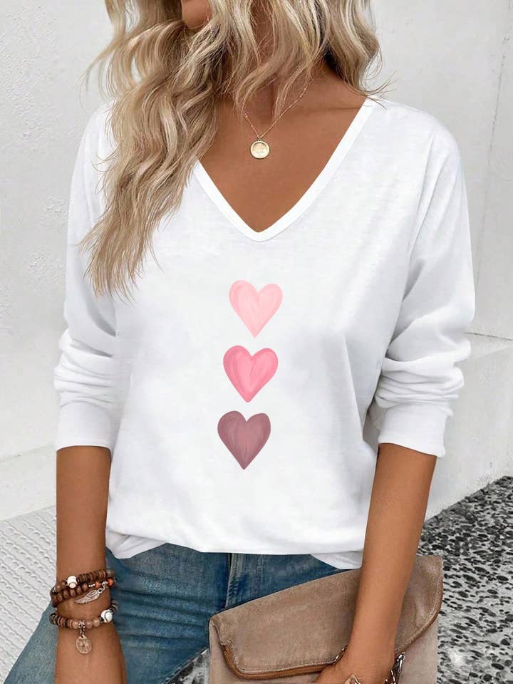 Valentine's Day heart print T-shirt long-sleeve top for wholesale by HIDDENBRAND