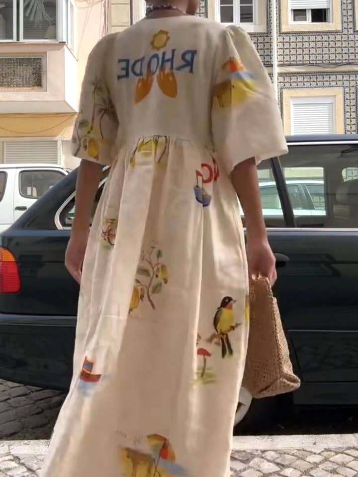 Apricot Fashion Print V-Neck Cute Loose Dress for wholesale on Faire
