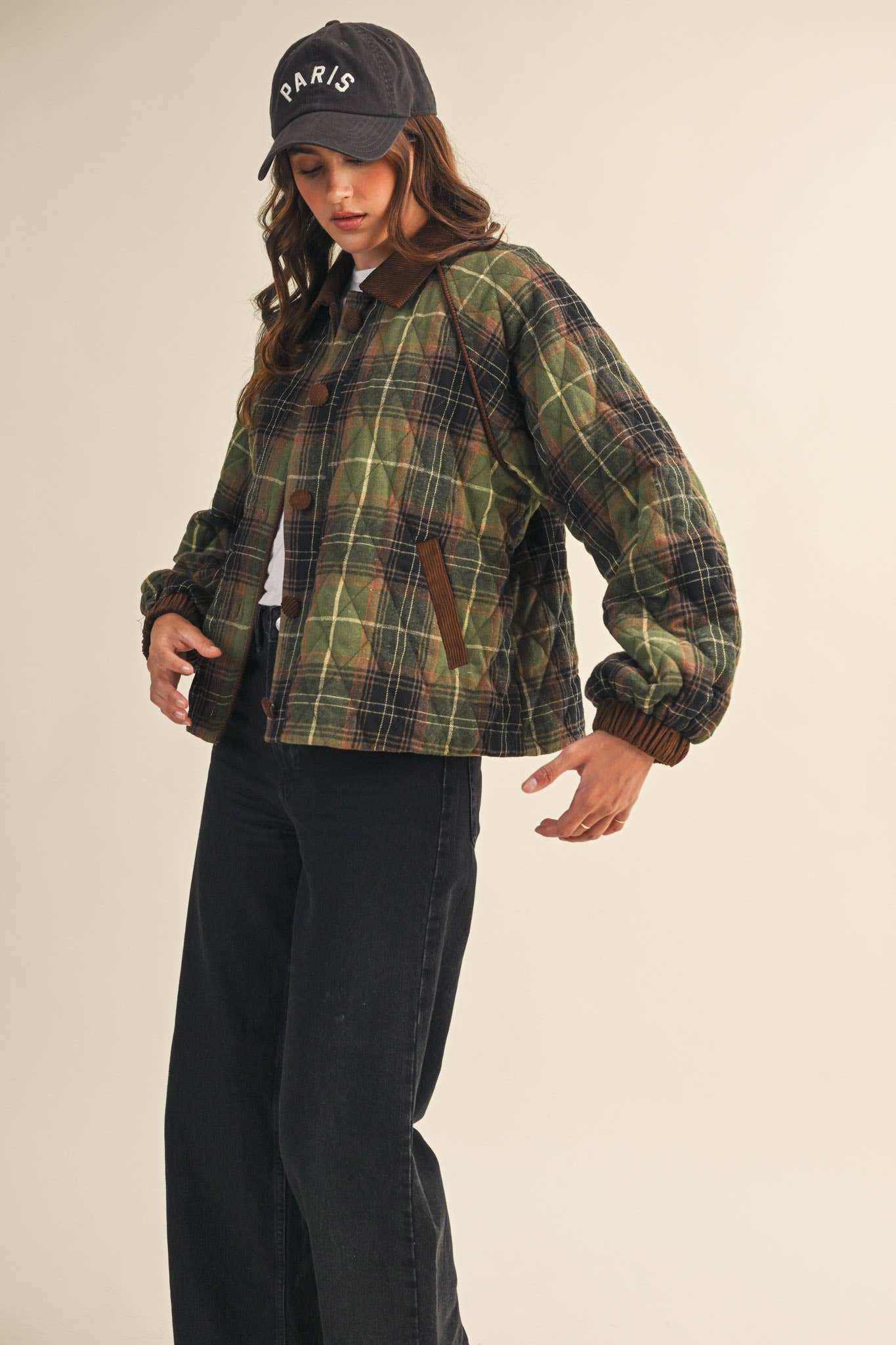 &MERCI - Wholesale Jacket - Women's - PLAID QUILTED JACKET WITH CONTRAST CORDUROY DETAIL MJK411513