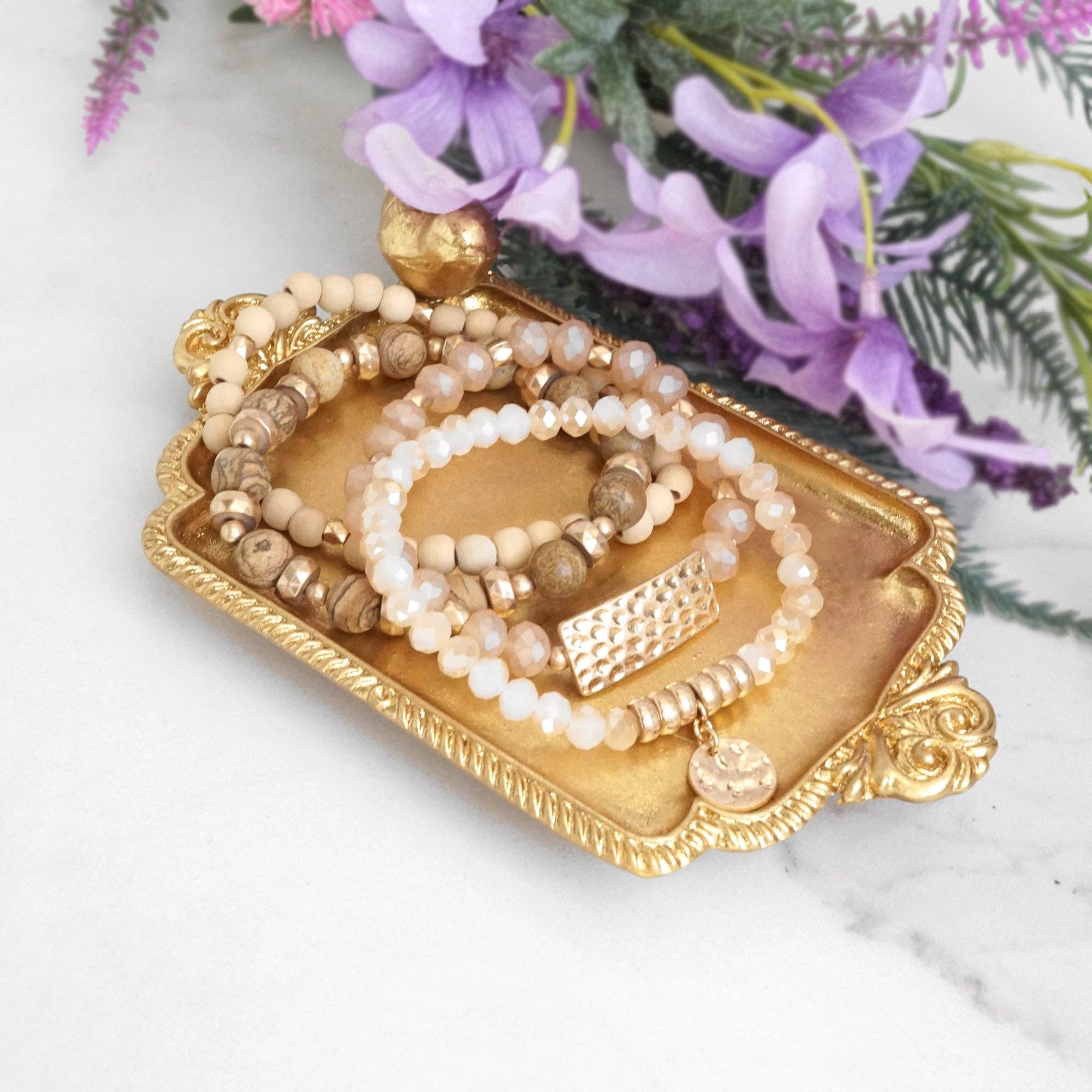 PennyLine inc - Wholesale Beaded Bracelet - Beaded Bracelets stack of 4 piece with Natural Wood and Semi Precious bead stones glass golden coin3