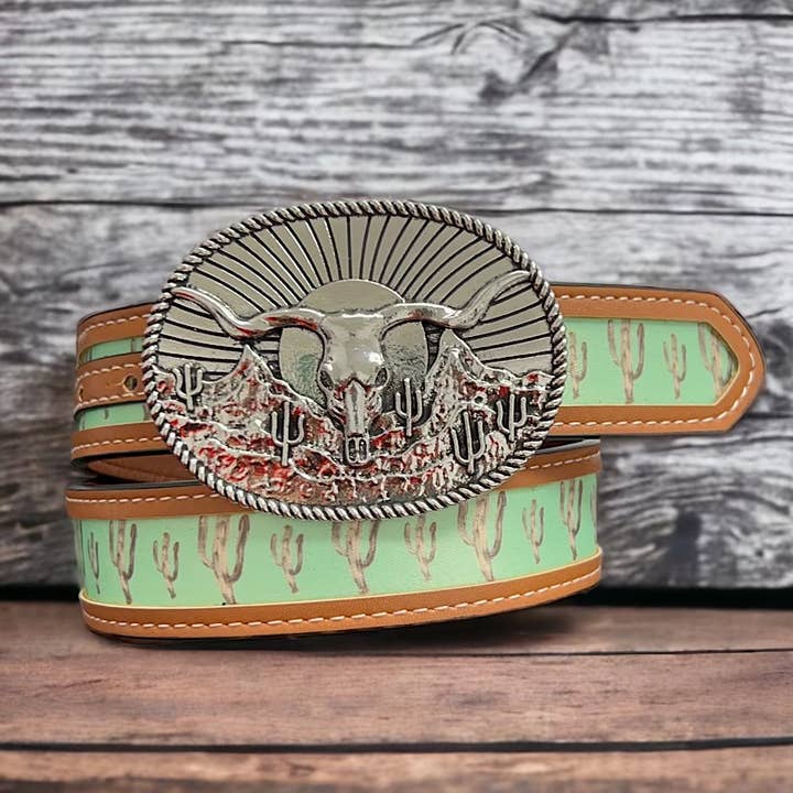 Kids Charm Online - Wholesale Belt - Kids - CACTUS PRINTED KIDS BELT WITH LONGHORN COW BUCKLE.