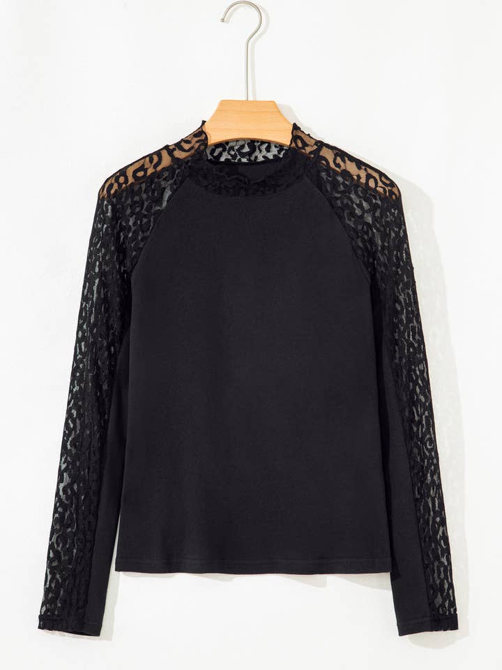 Black Leopard Mesh Patchwork Knit Long Sleeve Top for wholesale by Sweet Lover Fashion