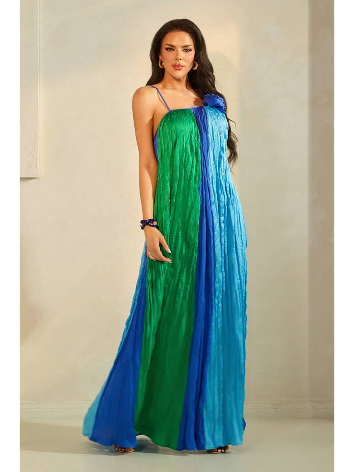 The Sang - Wholesale Dress - Women's - HOT SUMMER COLOR BLOCK MAXI DRESS WITH FLORAL