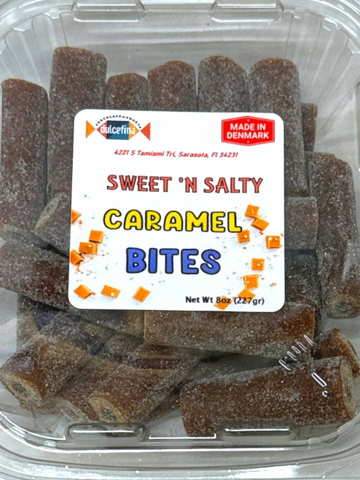Sweet & Salty Caramel Bites 8oz Tub for wholesale by Dulcefina Chocolate and Sweets