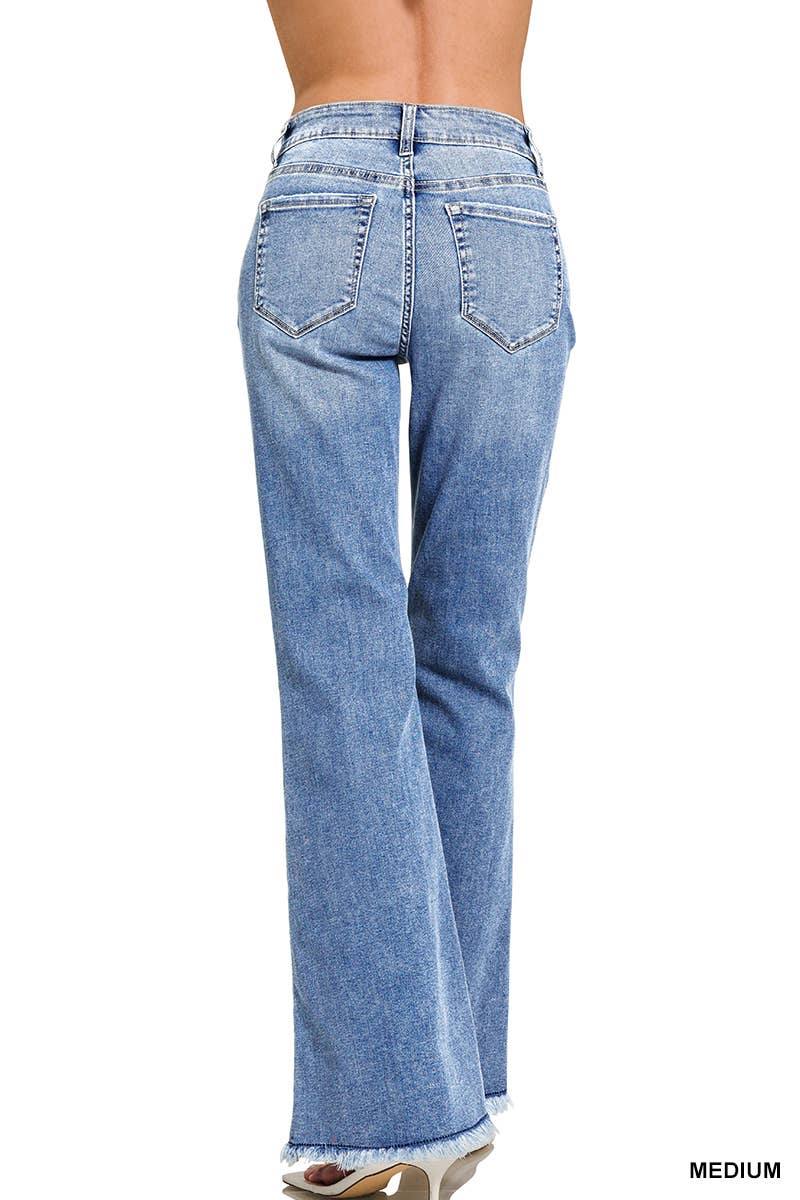 MEDIUM  `.High-rise Flare Frayed Denim Jeans Pants for wholesale on Faire2