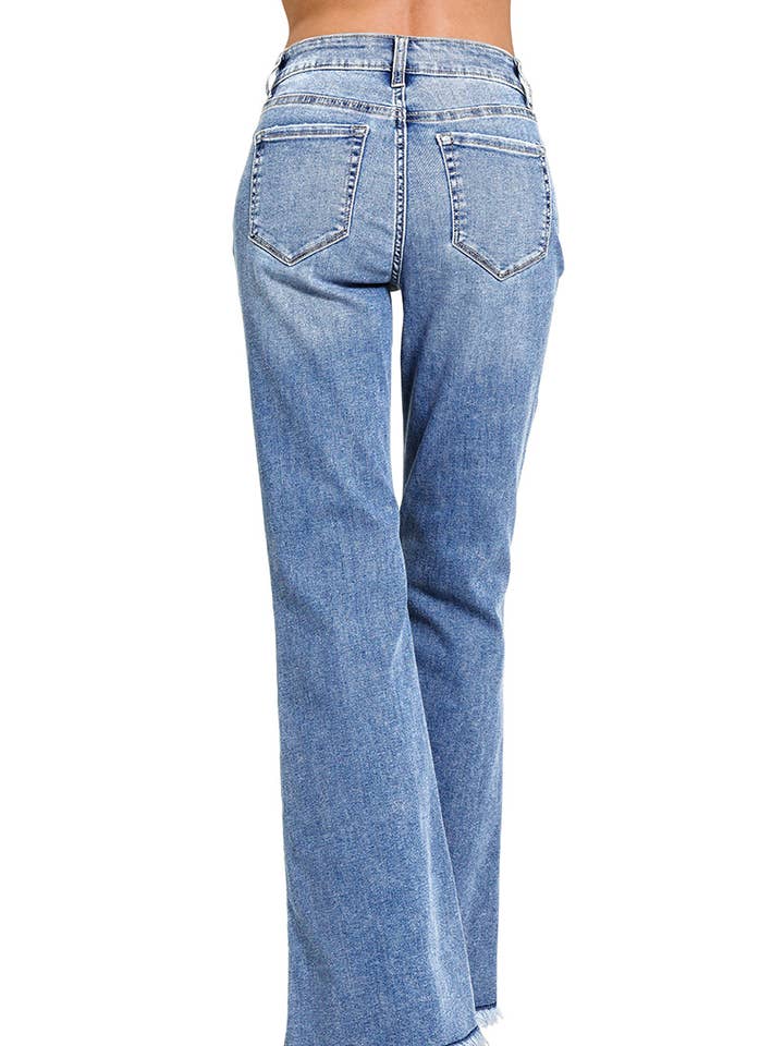 MEDIUM `.High-rise Flare Frayed Denim Jeans Pants for wholesale on Faire2