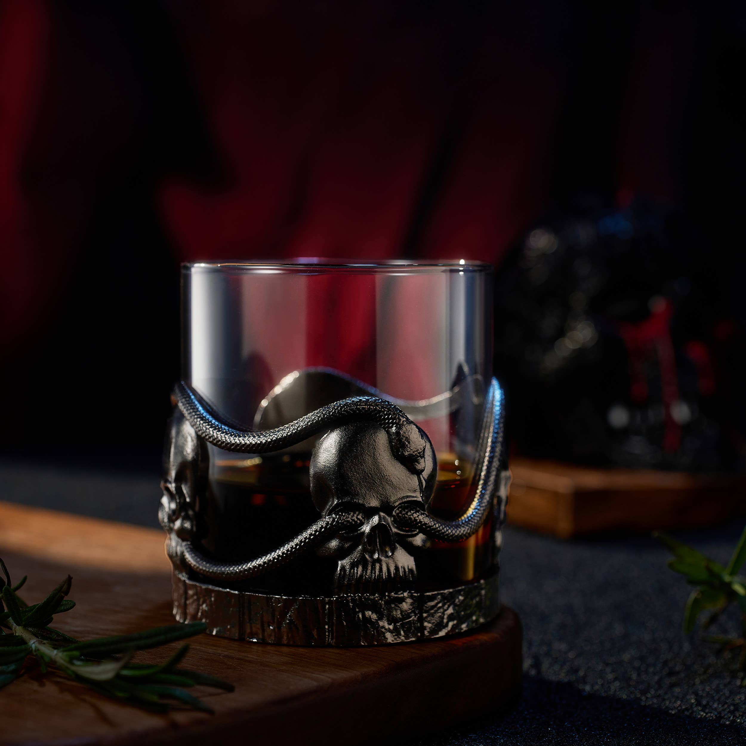 The Wine Savant /  Khen Glassware – wholesale Cocktail/liquor glass – Skull & Snakes Pewter Whiskey Drinking Glass, Set of 22