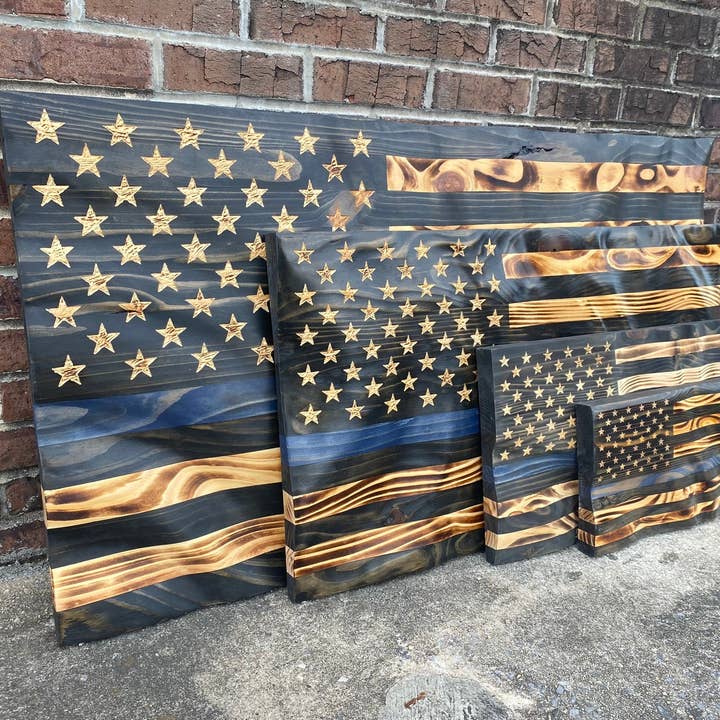 Rugged Cross Creations - Wholesale Wall Sign - Waving Wooden Extra Rustic Wood Burnt Thin Blue Line Police Flag
