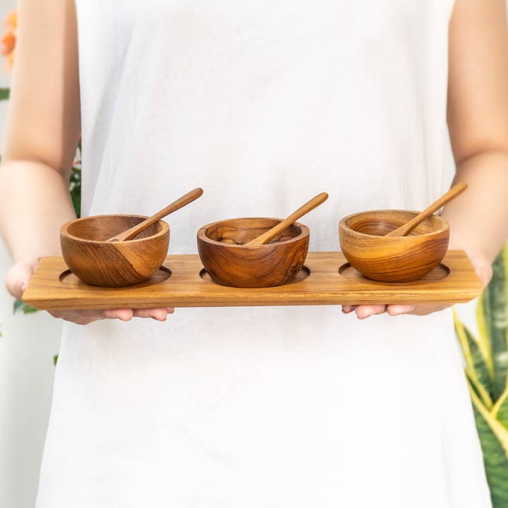 Rainforest Bowls - Wholesale Condiment/Dip Bowl - Teak Wood Condiment Dipping Bowl Set with Tray