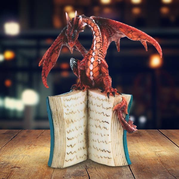 6"H RedOrange Volcano Dragon Standing on Open Book Figurine for wholesale by FC Design