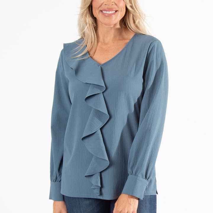Howard's - Wholesale Blouse – Women’s - Sale - Celine Asymmetrical Long Sleeve Ruffle Top4