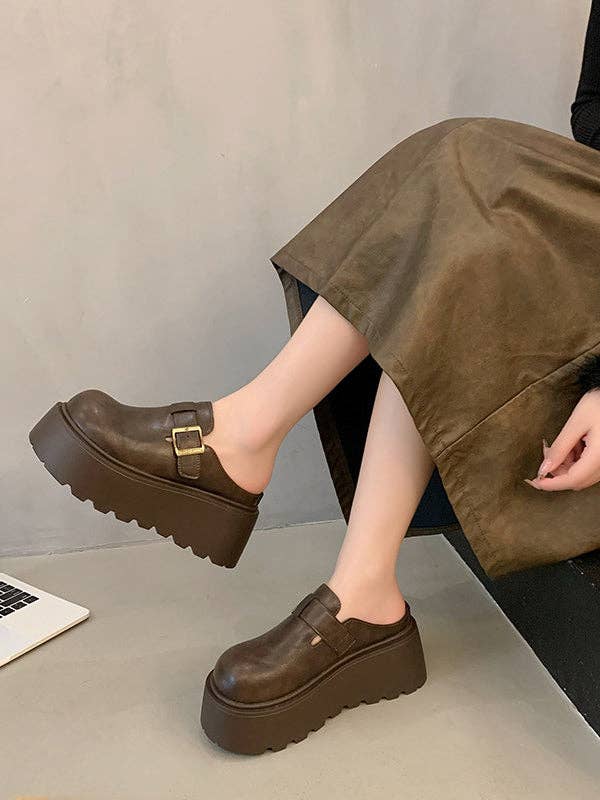 VividLux - Wholesale Loafers - Women's - Belt Buckle Round-Toe Split-Joint Loafers Platform Shoes Slippers&Mules7