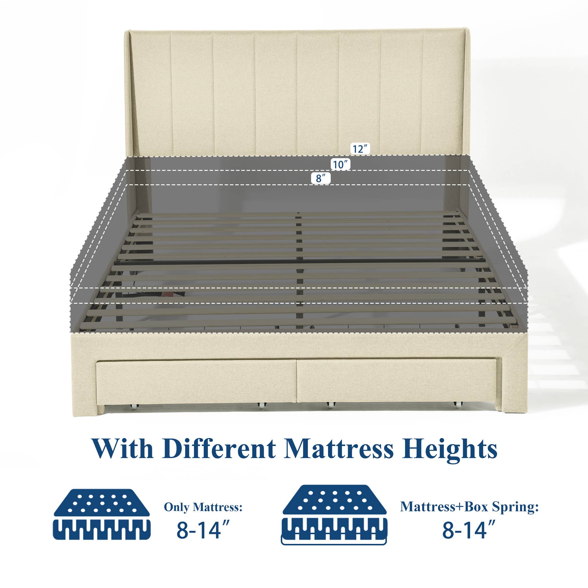 39F Inc. - Wholesale Bed - Queen Size Upholstered Platform Bed Frame w 2 Drawers &USB4