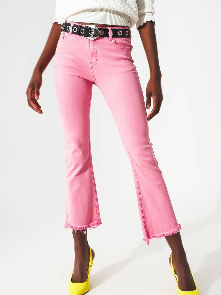 Flare-Jeans mit offener Saumkante in Kaugummirosa für den Großhandel von Q2—All Orders:Free Duties for the US,UK,and Canada