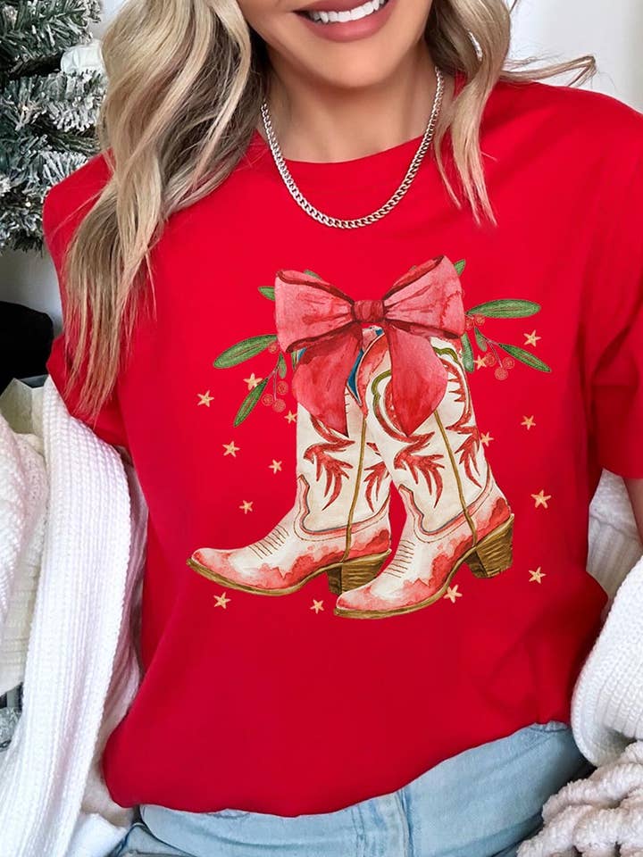 Christmas Cowgirl Boots Graphic Tee for wholesale by Pink Irene Wholesale