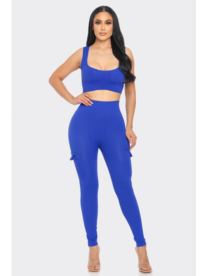 Lime All the Time - Wholesale Activewear Set - Women's - 2 Pc Seamless Muscle Crop Tank Top and Cargo Legging Set7