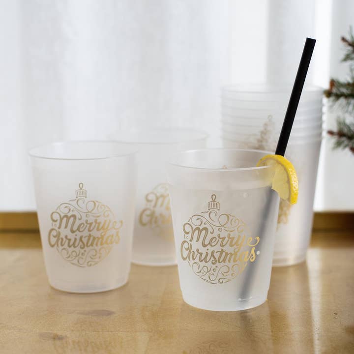 The Royal Standard - Wholesale Disposable Cup - Merry Christmas Ornament Script Party Cups Frosted/Gold 16oz Set of 10