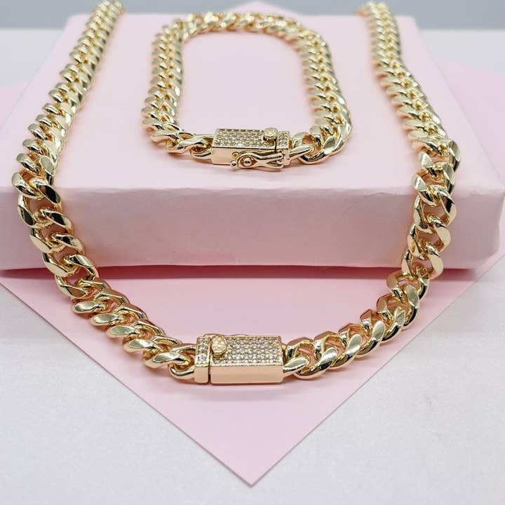 18k Gold Miami Cuban Link Necklace with Zirconia Clasp for wholesale by Milie
