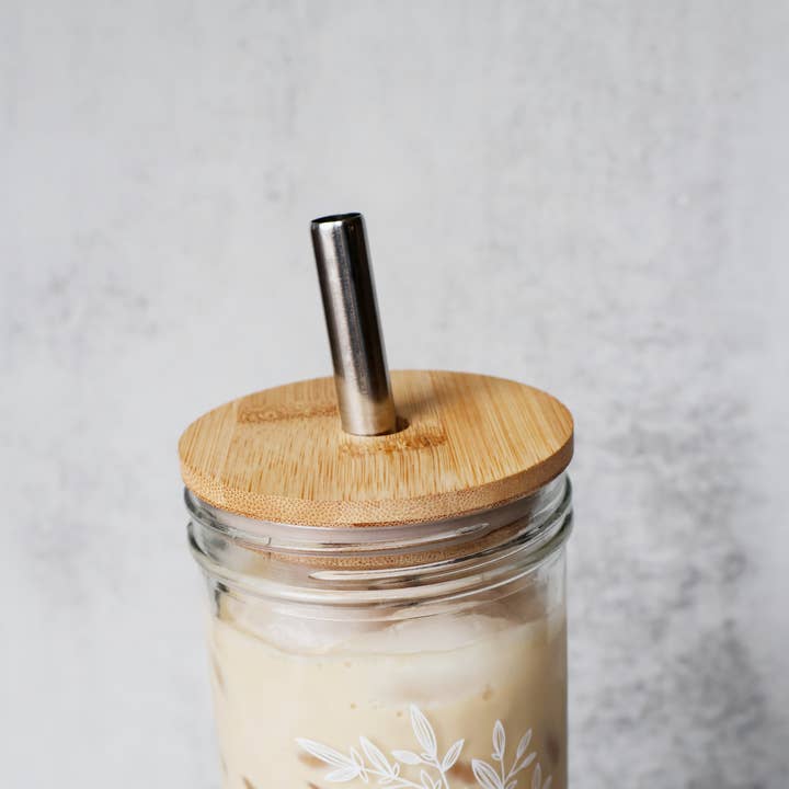 Grace and Joy Company - Wholesale Drinking Glass/Cup - Jesus, Coffee and Friends Floral Glass Tumbler + Bamboo Lid