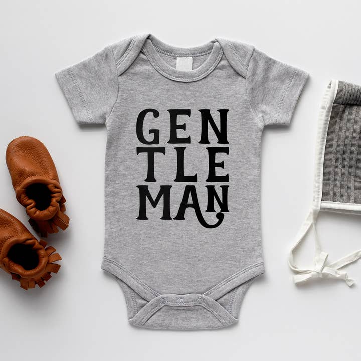 Gray Gentleman Baby Bodysuit for wholesale by Gladfolk