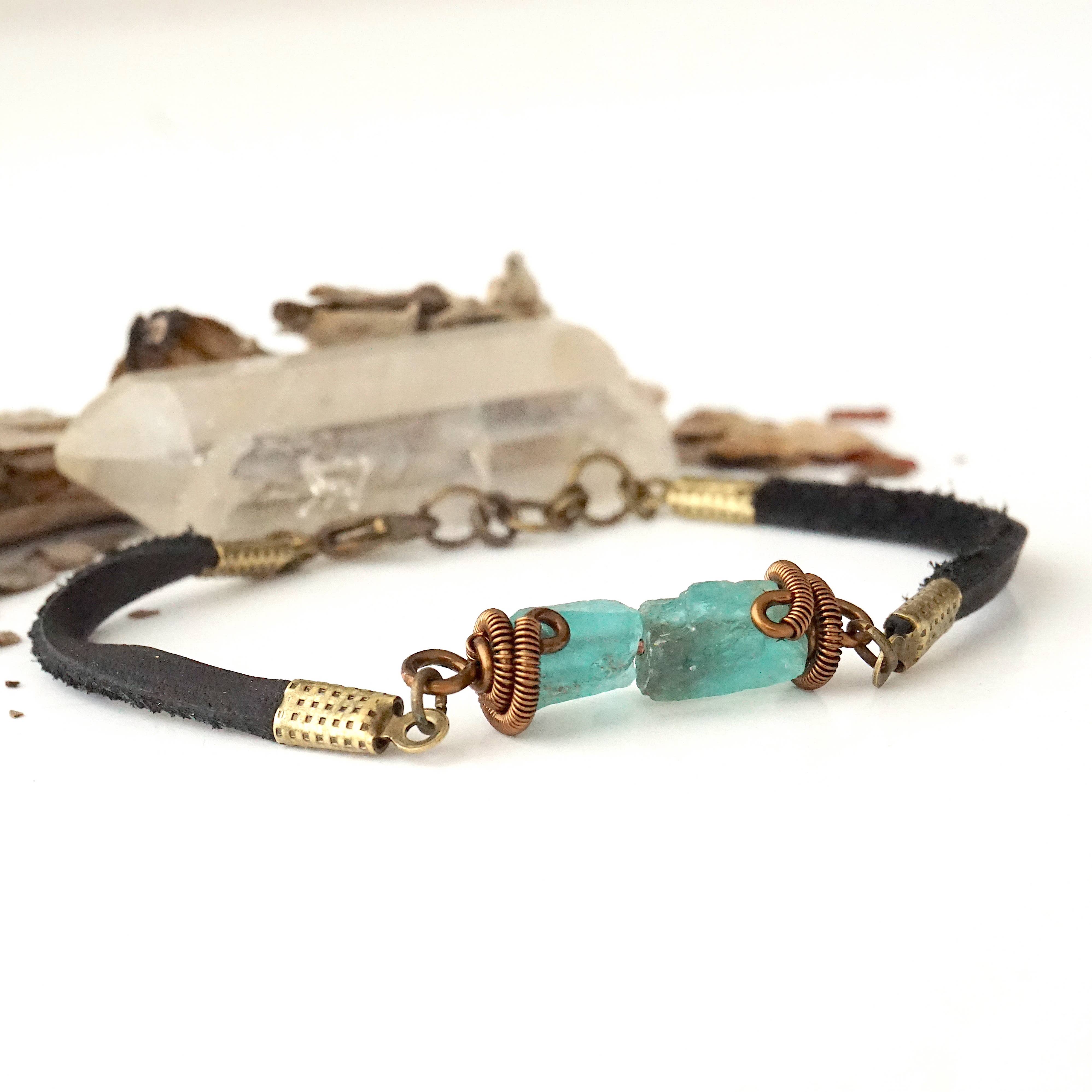 Raw Stone Elegance - Wholesale Charm/Dangle Bracelet - Raw Apatite Bracelet, Leather Jewelry, December Crystal3