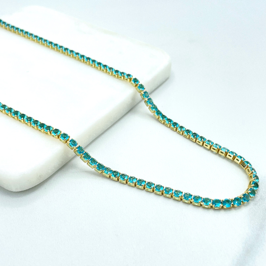 Luxus Accessories - Wholesale Link & Chain Necklace - 18k Gold Filled 3mm Cubic Zirconia Tennis Chain Necklace, Black, Red, Pink, Turquoise or Blue Rhinestone, 18 Inches with 4.5 inches Exntender, Wholesale4