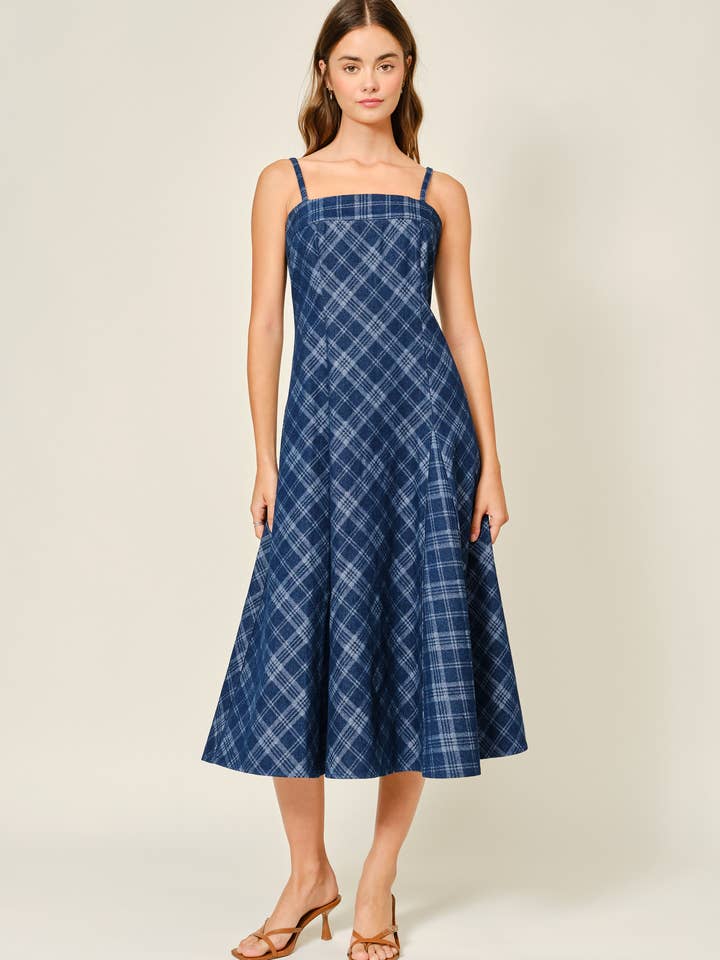 AJD5824 PLAID FLARE MIDI DENIMKJOLE for engroshandel hos Aaron & Amber