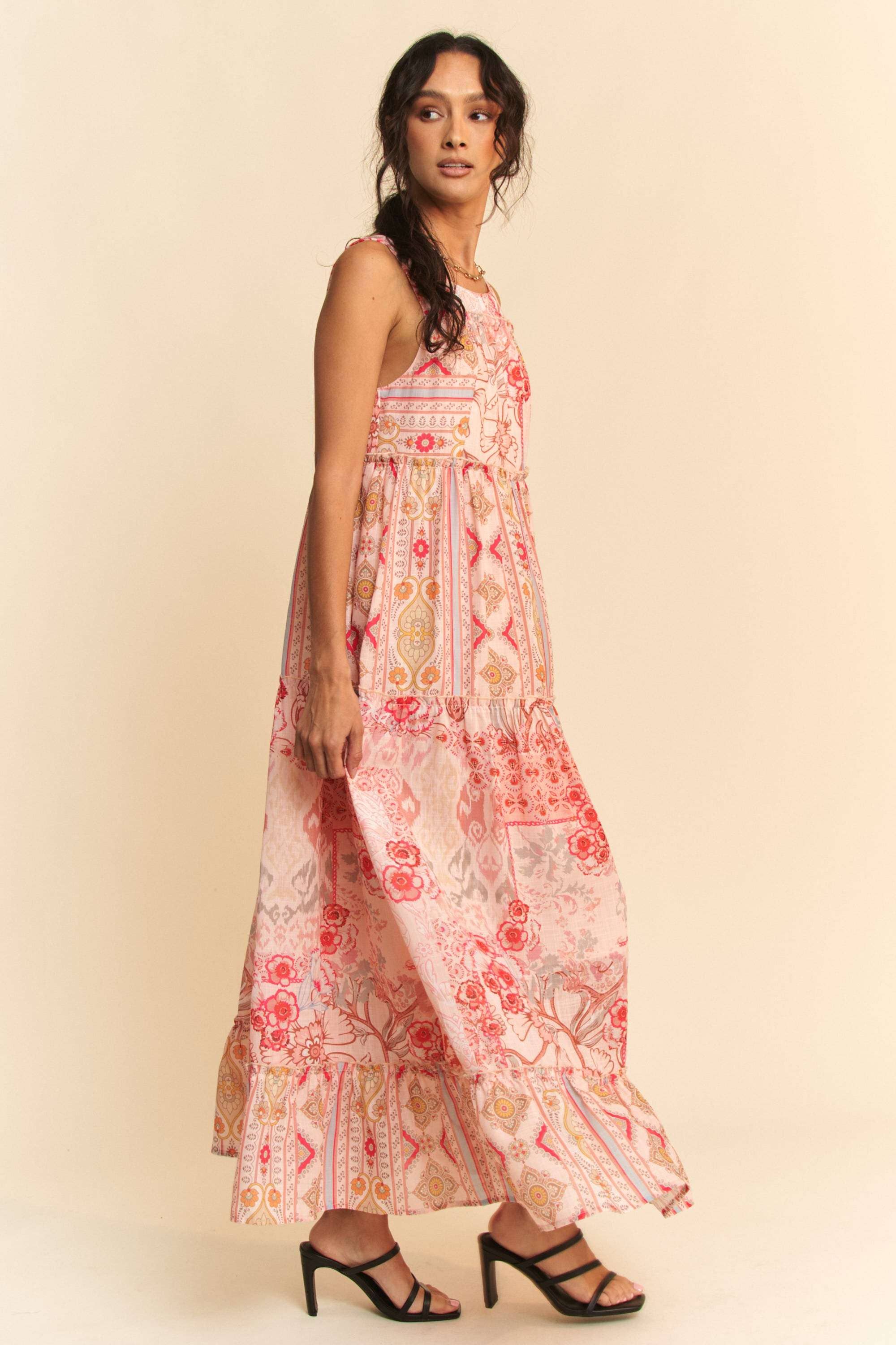 Coral Multi PLUS GEO FLORAL MIX SLEEVELESS TIRERED MAXI DRESS for wholesale on Faire3