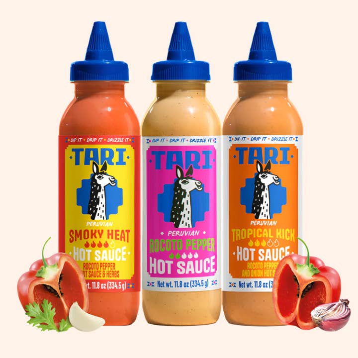 Tari Hot Sauce 3pk - Rocoto + Smoky + Tropical - 11.8 oz each for wholesale by Tari Peruvian Hot Sauce