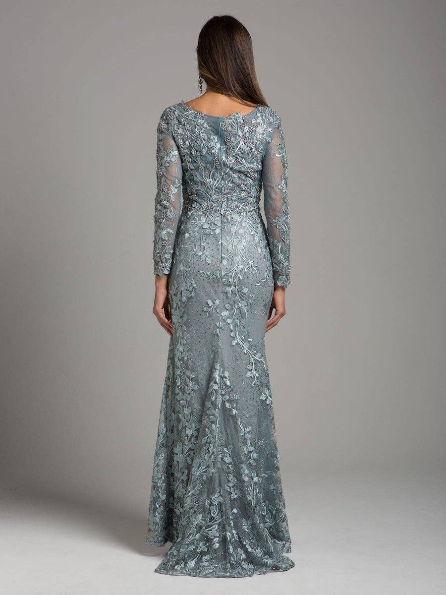 Silberner Salbei Lara 29924 - Langärmliges Spitzenkleid mit Spitzenapplikationen für den Großhandel auf Faire1