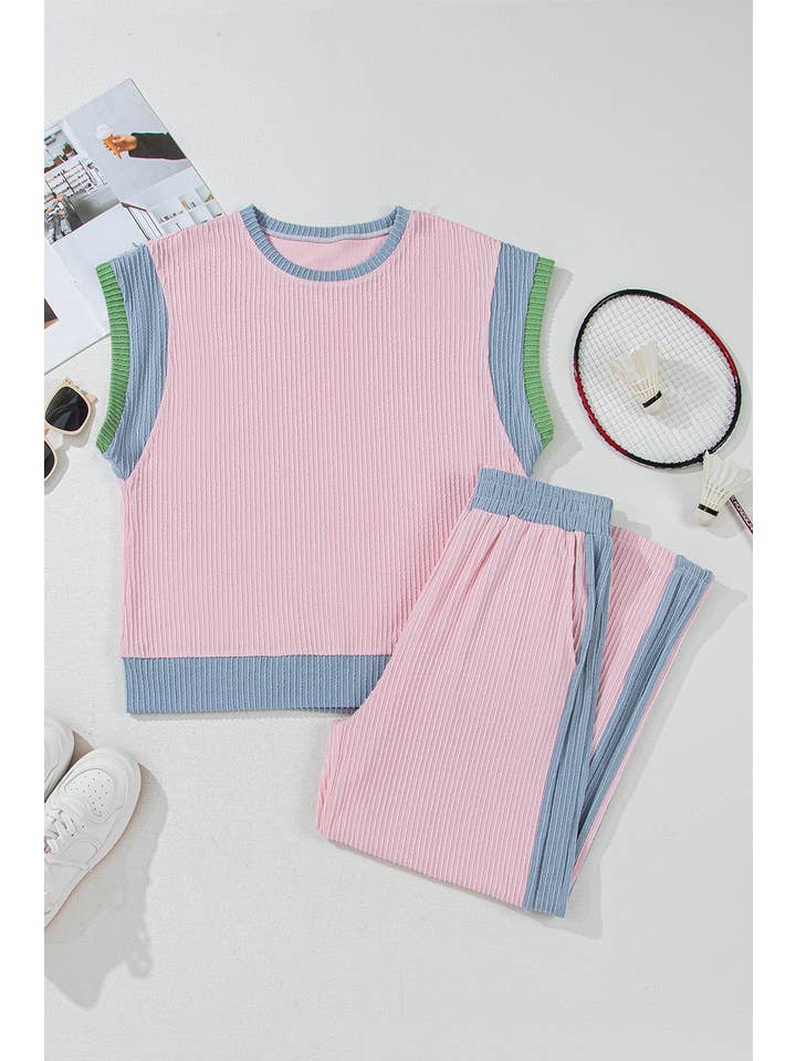 Pink Colorblock Patchwork Short Sleeve Top and Wide Leg Pants for wholesale on Faire