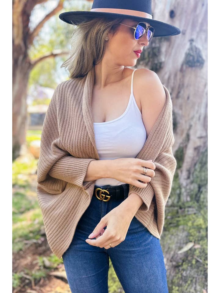 Beige Taupe Soft Rib Strikket Skuldercardigan for engroshandel på Faire2