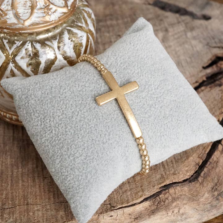 PennyLine inc - Wholesale Beaded Bracelet - Minimal Cross Stretchy Bracelet in Worn Gold tone with Ball Beads5