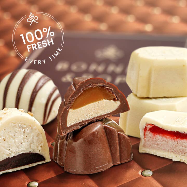 Bonnie & Pop - Wholesale Chocolate Box - Gourmet Chocolate Gift Box – Elegant Bow Tin with Belgian Truffles- Copper2