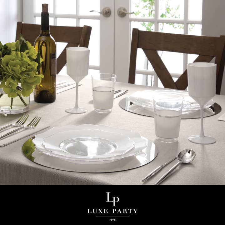 Luxe Party - Wholesale Disposable Plate - Scalloped Clear Base Silver • White Plastic Plates | 10 Pack