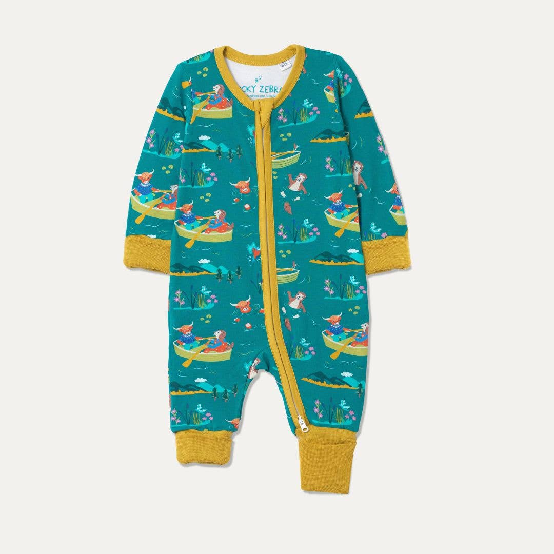 Ducky Zebra: Sustainable Kids' Clothes - Wholesale Sleepsuit - Baby - Highland Pals Organic Cotton Zip-Up Sleepsuit1