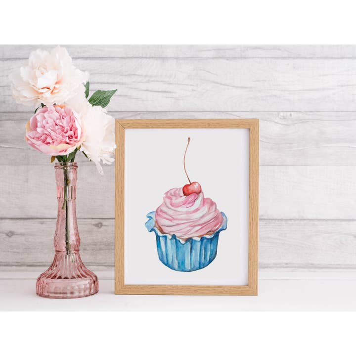 Emilia Rose Artwork LLC - Wholesale Art Print - Cherry Cupcake Watercolor Art Print