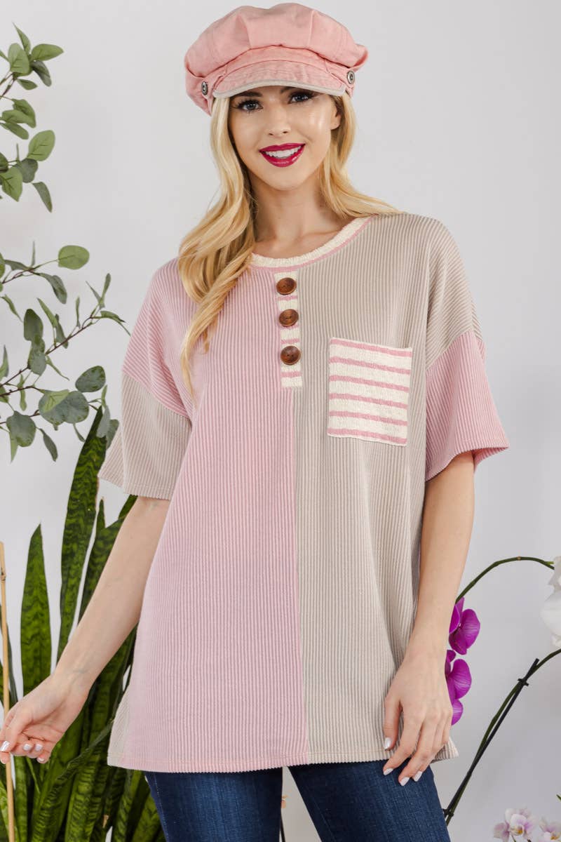 Celeste Clothing - Wholesale Tunic - Women's - URBAN RIB COLOR CONTRAST T-SHIRT WITH POCKET -CT43877A2