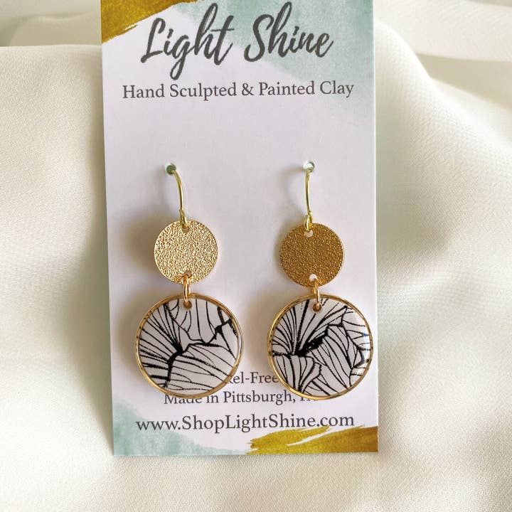 Light Shine - Wholesale Dangle Earrings - Lynda Drop | Black and White Abstract Floral | Clay Earring
