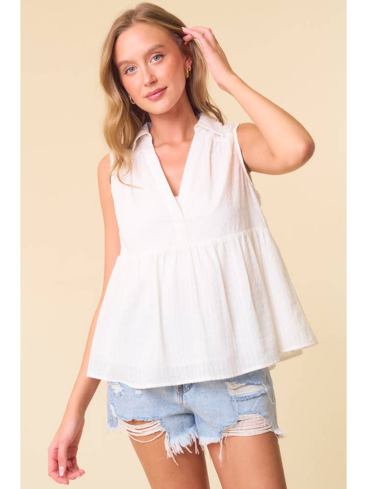 Doe and Rae - Wholesale Blouse - Women's - Textured Cotton Collared Split V-Neck Sleeveless - 44378T
